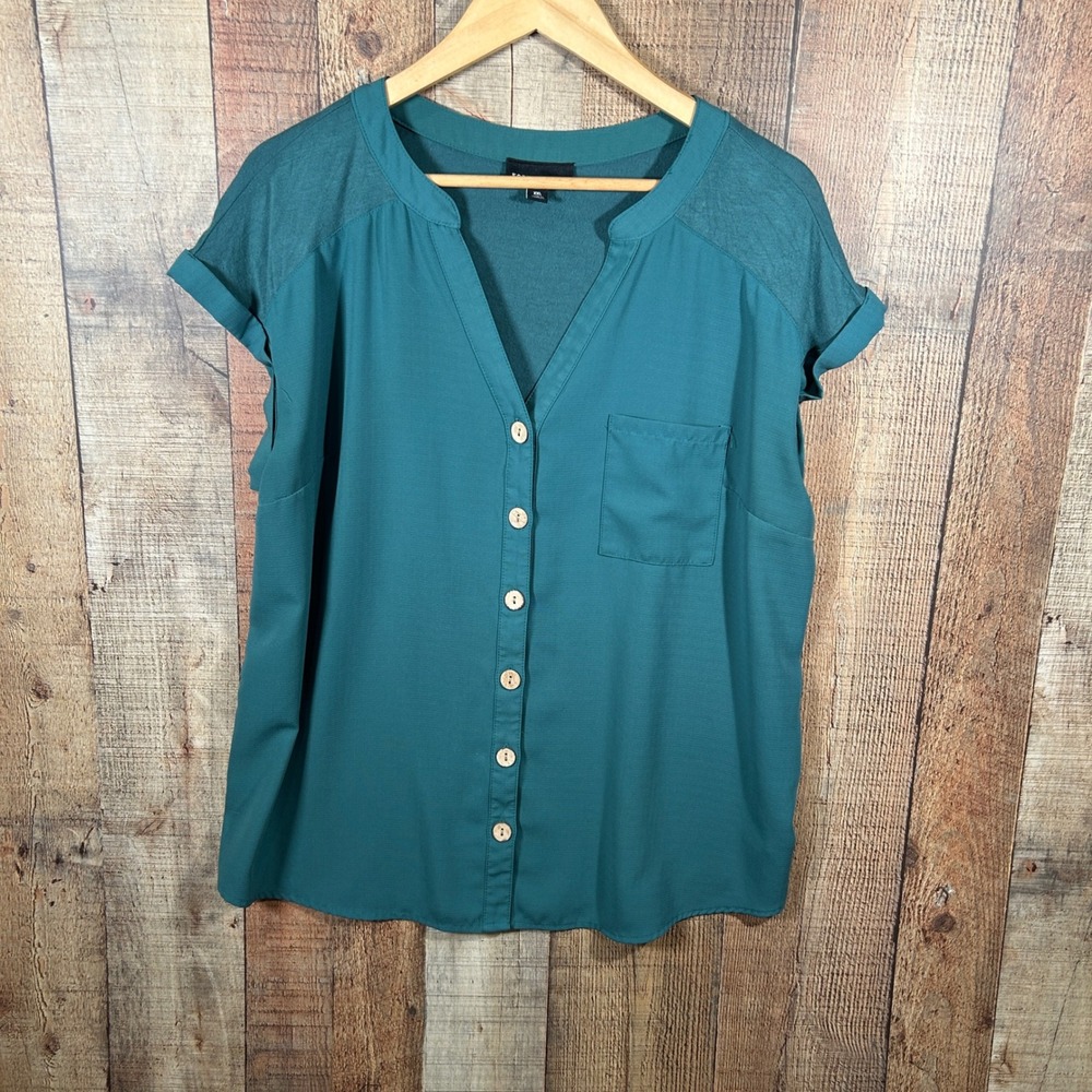 Fortune + Ivy XXL Teal Green Blouse Button Front Casual Career Top Plus